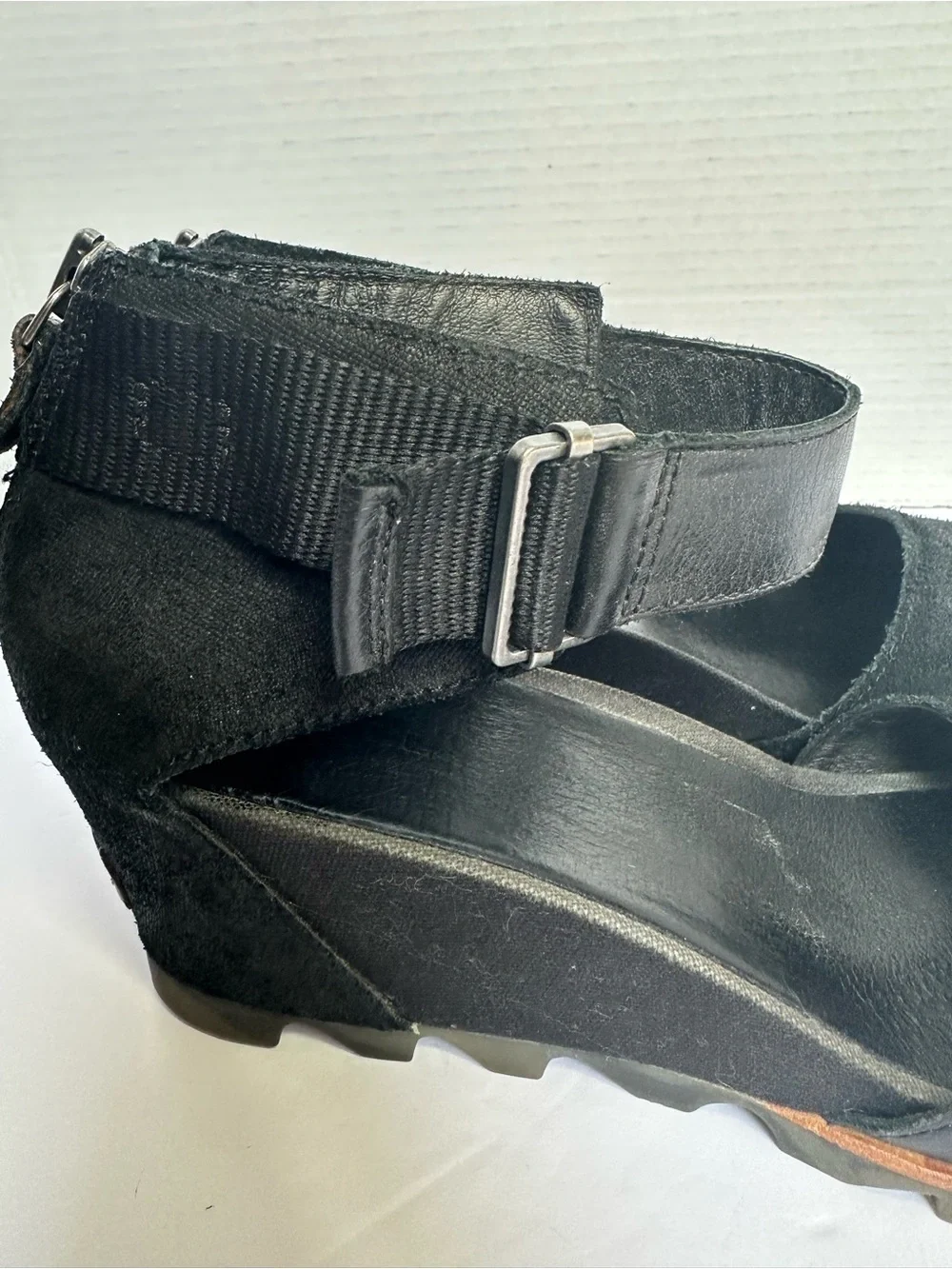 Sorel Women’s Joanie II Black Leather Suede Wedge Ankle Strap Sandals- Size 12